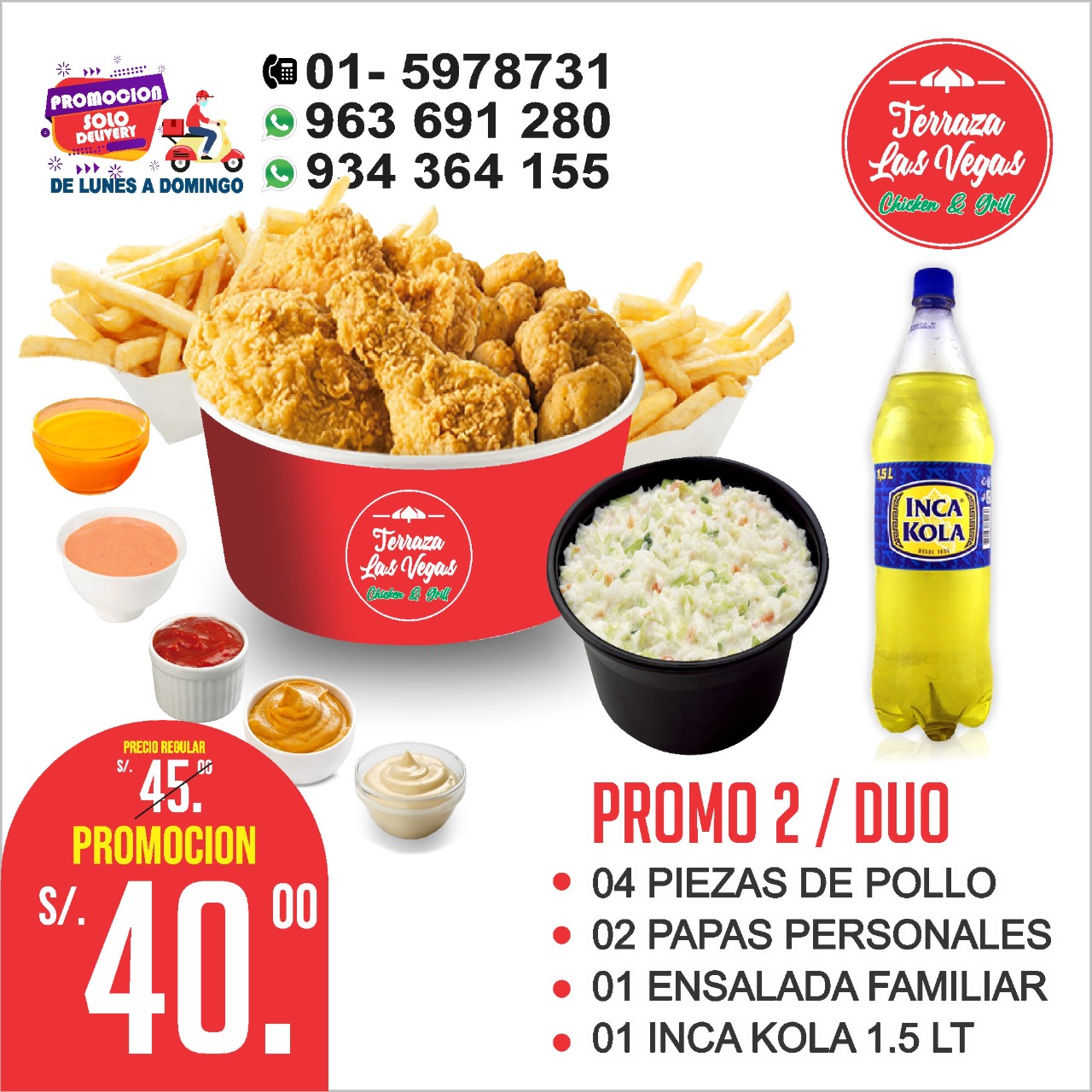 4 PIEZAS DE POLLO +2 PORCIONES DE PAPAS PERSONALES + 1 ENSALADA FAMILIAR + 1 INKA KOLA FAMILIA 1.5 LT 